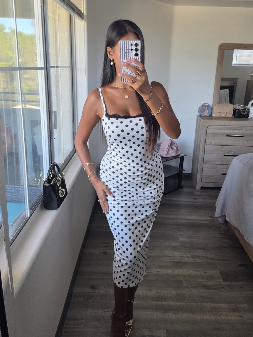 White Midi Slip Dress with Black Polka Dots Very Stretchy